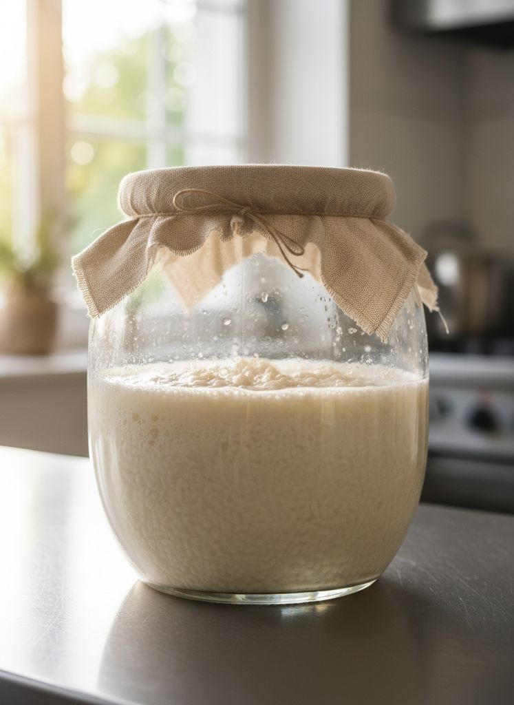 Water kefir poured into a glass in bright daylight