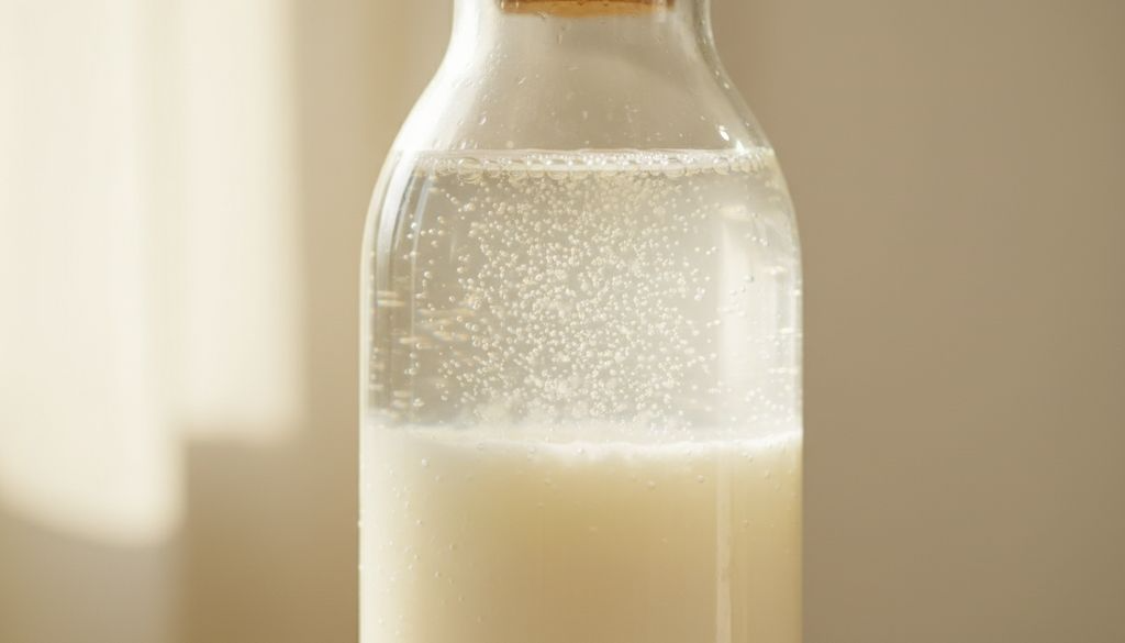 Fine carbonation rising through pale water kefir