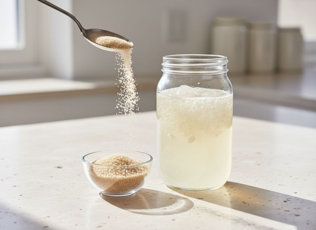 Organic cane sugar and fresh lemon beside a glass of water kefir
