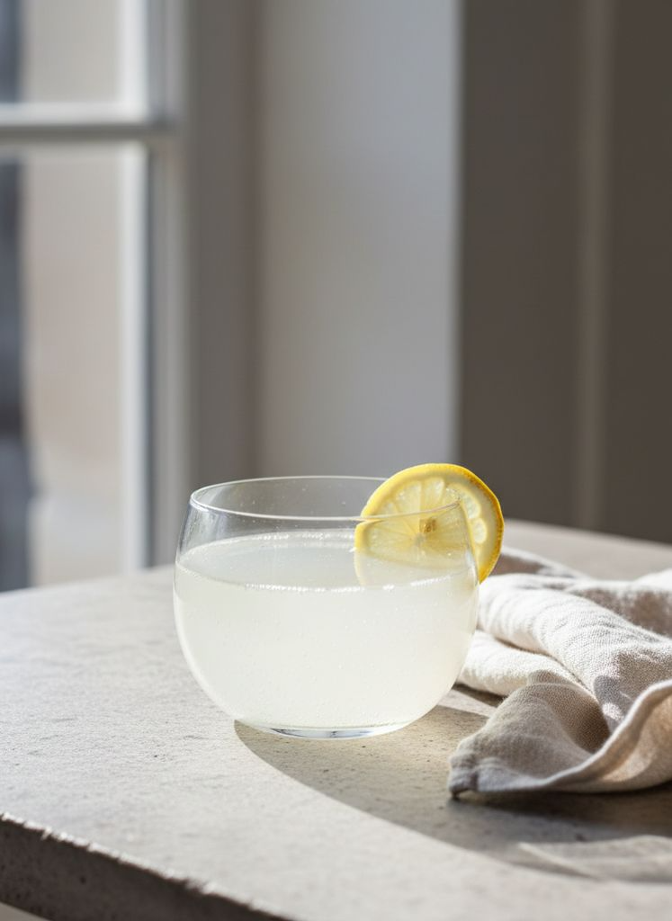A glass of water kefir over ice with condensation