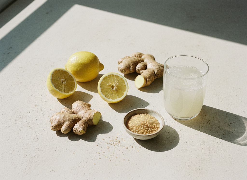 Fresh lemon and ginger beside a glass of water kefir