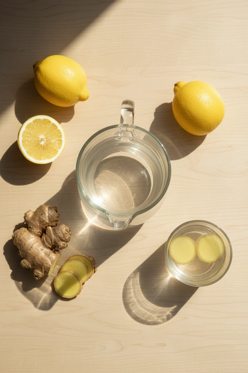 Lemons, fresh ginger and a glass jug of water kefir on a sunlit wooden table