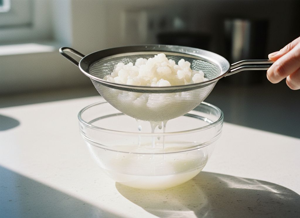 Live water kefir grains being strained through a fine sieve