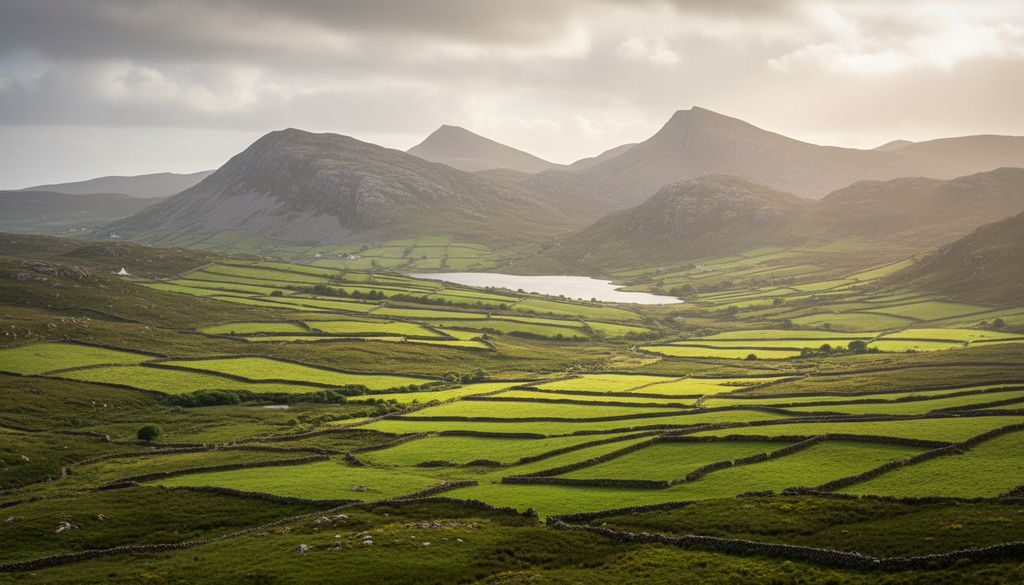 Stone-walled fields and mountains in the west of Ireland