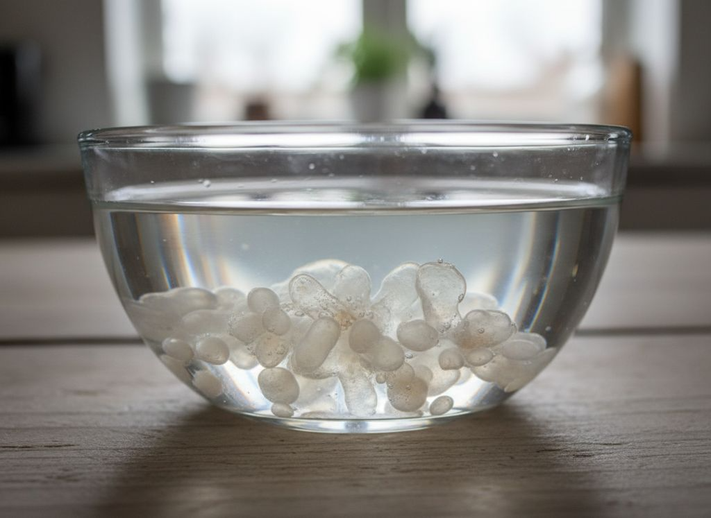 Live water kefir grains being strained